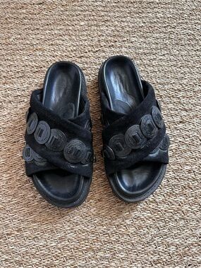 Toga Pulla Black Suede Slide Sandals with Decorative Coins